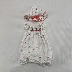 Rabbit Bear Organic Cherry Print Romper & Sun Hat Set Baby Girl 6-9M Cottagecore